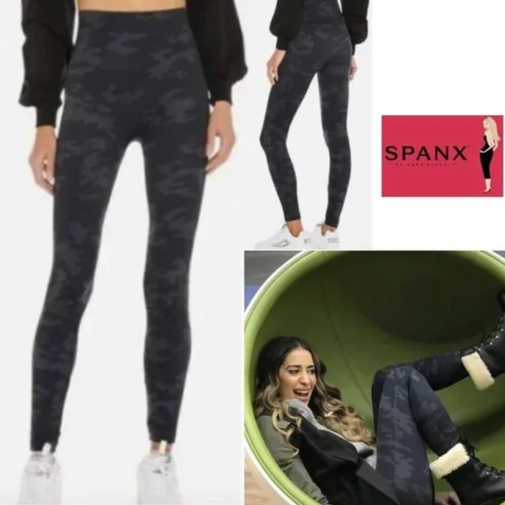 Spanx Look At Me Now Seamless Leggings Black Camo High Waisted Tummy Control S/P